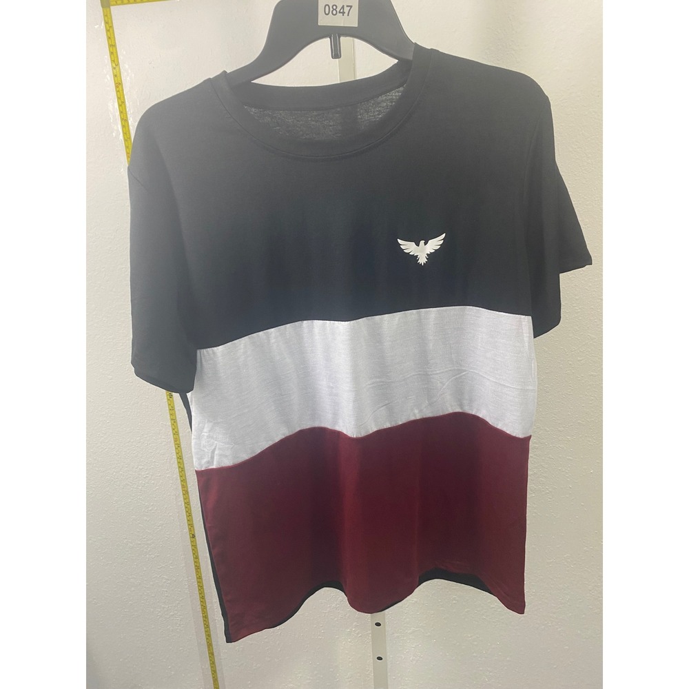 Mens Colorblock Graphic T-Shirt Black White Burgundy Bird Logo Crewneck Tee
